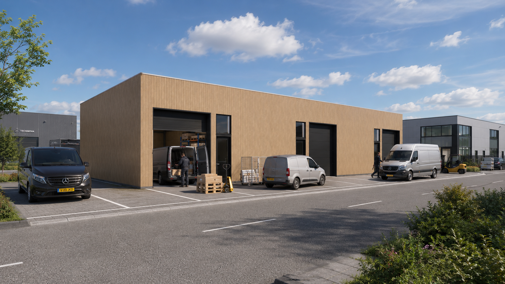 Gerenderde houtbouw loods met bedrijfsunits